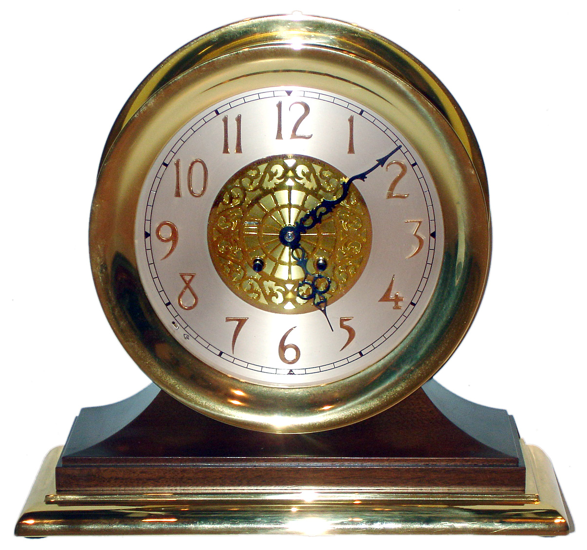 Chelsea Clock Co, Chelsea, Mass., "Limited Edition 2000 Millennium ship's bell mantel clock with 8 day spring driven time and ship's bell strike movement in polished brass case on walnut base with "Special Grand" silvered metal 8 1/2" dial with applied brass numerals, c2000 — Antique Clocks Price Guide