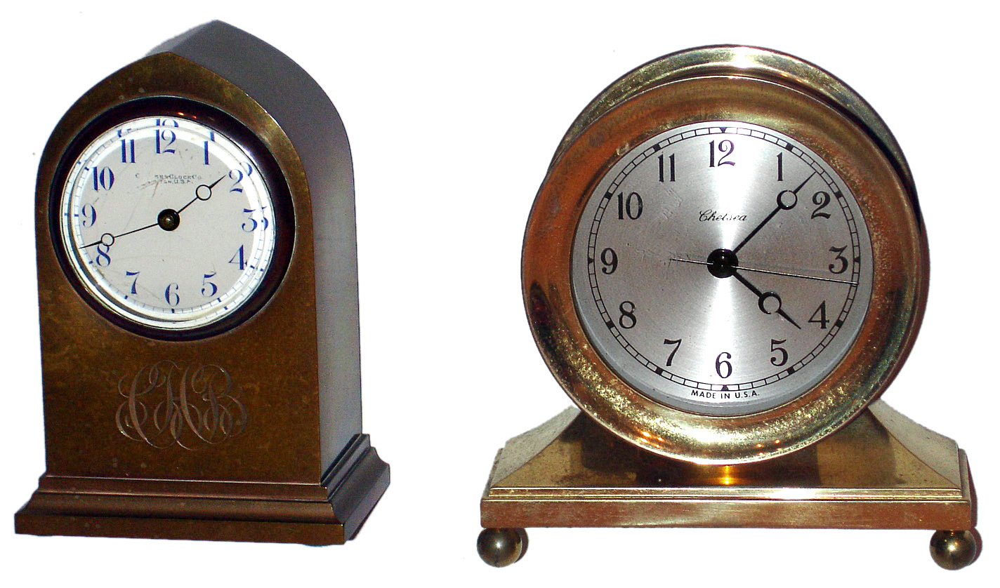 Two Chelsea brass desk clocks, 8 day and quartz. — Antique Clocks Price Guide