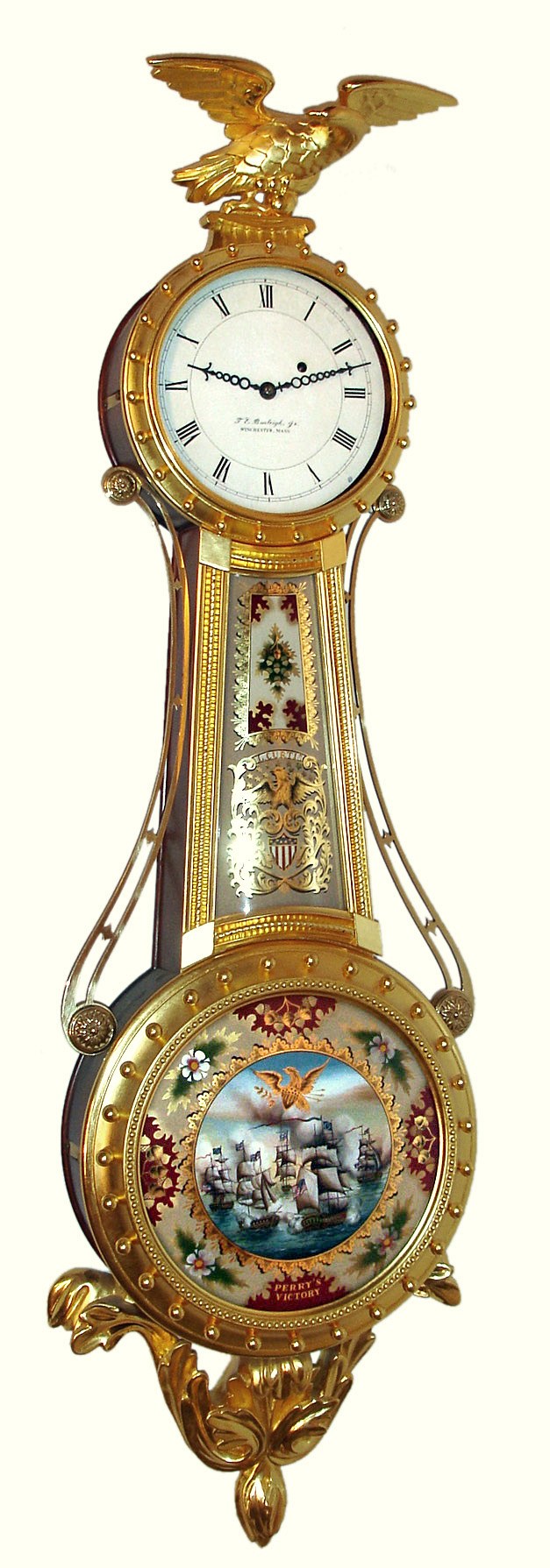 Ted Burleigh, Winchester, Mass., "Girandole" wall clock 8 day time only weight driven movement in gold leafed mahogany case with reverse painted convex throat and lower glass tablets and painted metal dial, c1990 — Antique Clocks Price Guide