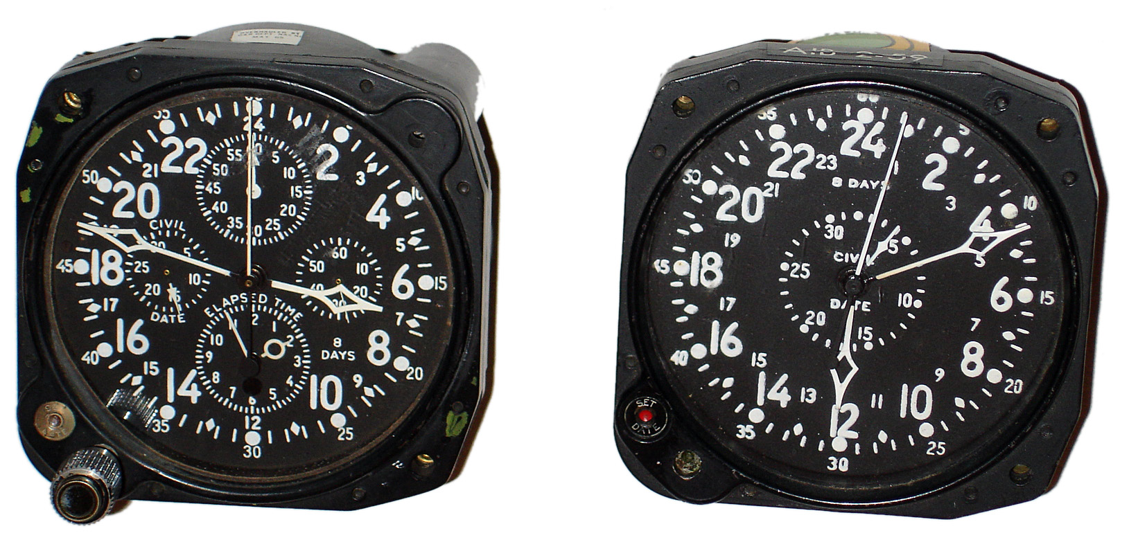 Two 3" black phenolic airplane clocks, Hamilton and Waltham. — Antique Clocks Price Guide