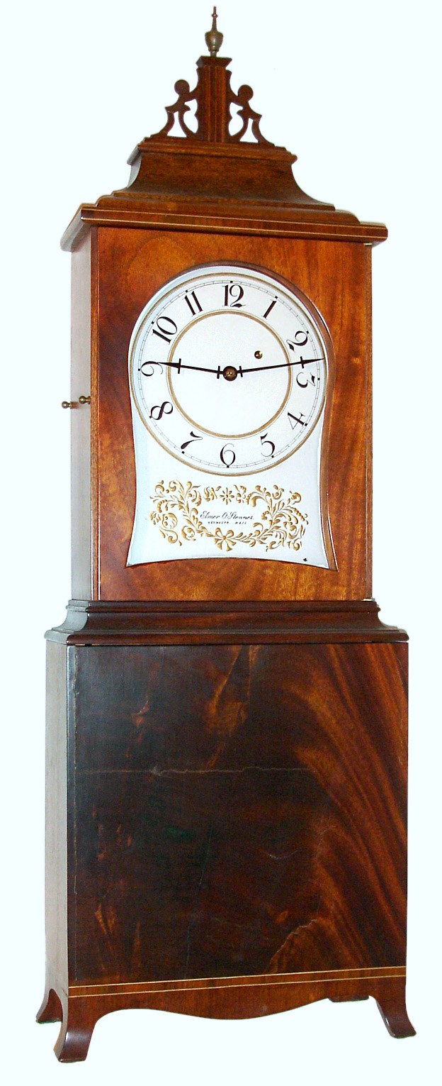 Elmer O. Stennes, Weymouth, Mass., "Massachusetts Shelf Clock" with 8 day time only weight driven movement in mahogany and mahogany veneer case with painted metal dial, dated 1971 — Antique Clocks Price Guide