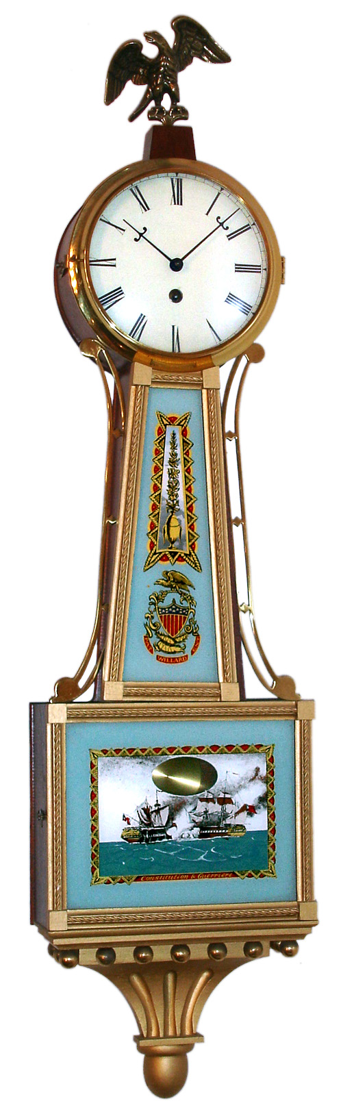 Gold front full size 8 day modern reproduction mahogany banjo clock, c1980. — Antique Clocks Price Guide