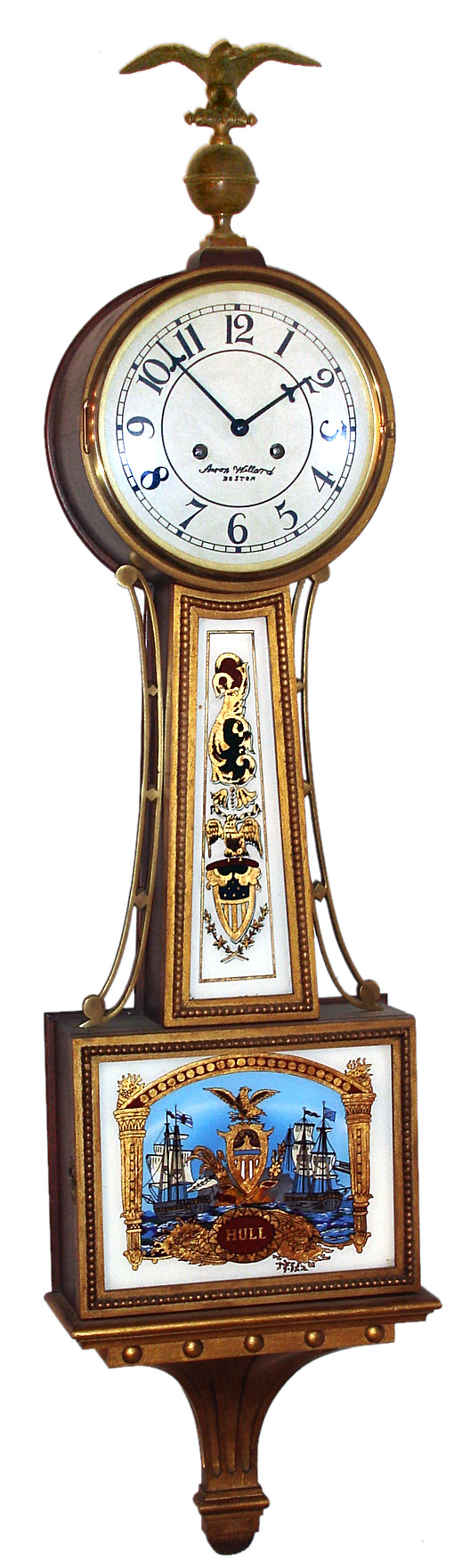 Reproduction Aaron Willard, Boston, Mass., 8 day time and strike spring driven full size mahogany banjo clock, c1995 — Antique Clocks Price Guide