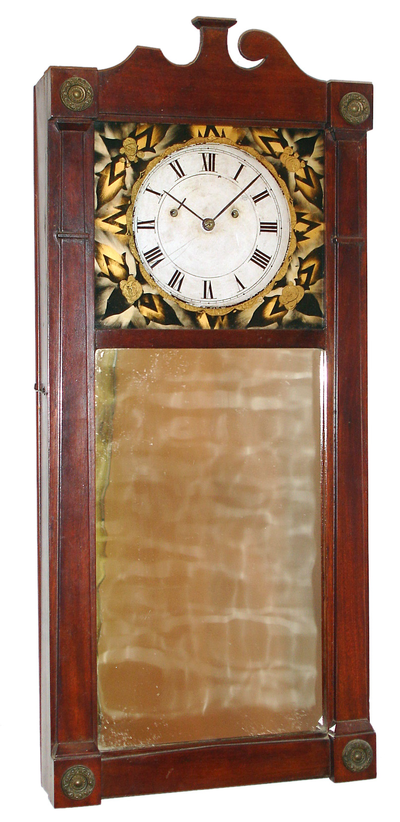 Attributed to Abiel Chandler, Concord, NH "Mirror Clock" 8 day time and rat-trap strike two weight driven movement in mahogany case with four pressed brass corner rosettes and reverse painted dial surround and painted metal dial, c1830 — Antique Clocks Price Guide