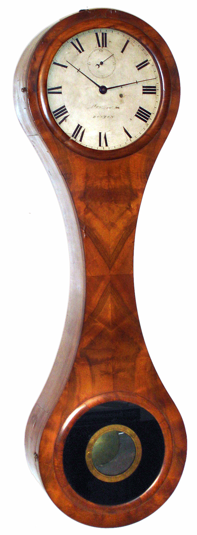 Aaron Willard Jr., Boston, Mass., "Figure 8" style wall clock 8 day time only weight driven movement with second's beating pendulum in burled mahogany veneer case with painted iron dial and reverse painted lower glass tablet, c1840 — Antique Clocks Price Guide