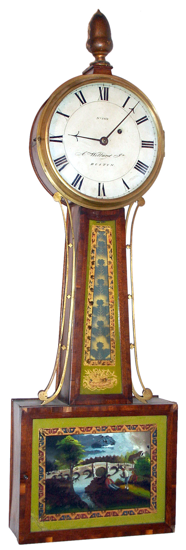Aaron Willard Jr., Boston, Mass., "Banjo" wall clock 8 day time only weight driven movement secured with two through-screws (filister) in cross banded mahogany case with reverse painted throat and lower tablets and painted iron dial with signature and numbered "1812", c1830 — Antique Clocks Price Guide