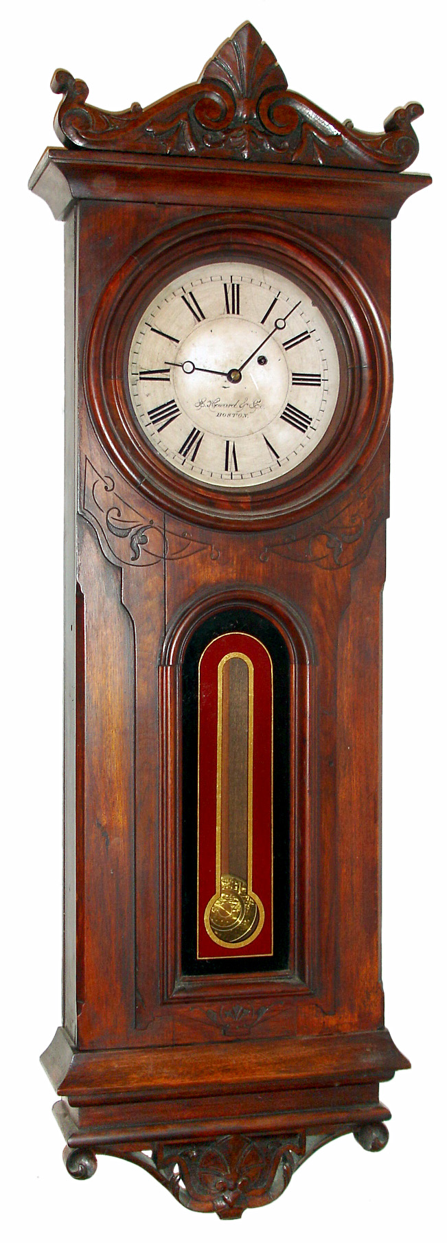 E. Howard and Co., Boston, Mass., "Regulator No. 41" wall clock 8 day time only weight driven movement in walnut case with reverse painted lower tablet and painted metal dial, c1874 — Antique Clocks Price Guide