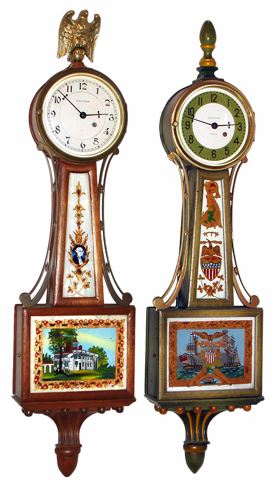 Two Waltham "Miniature Banjos" with 8 day time only spring driven key wind movements; one in green crackle case and the other in solid mahogany — Antique Clocks Price Guide