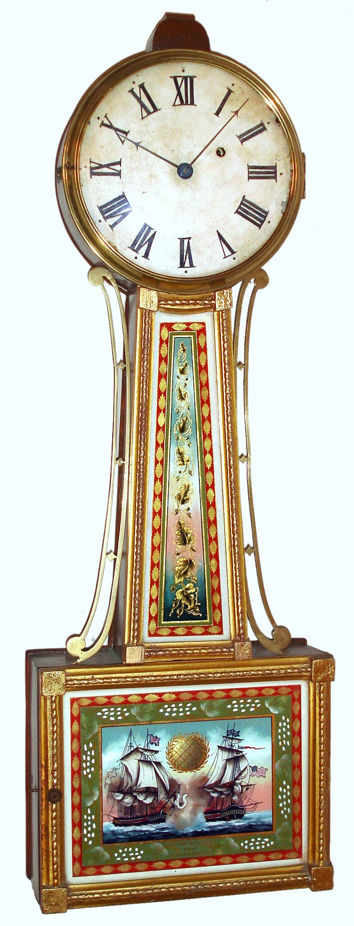 Samuel Abbott, Boston, Mass., "Banjo" wall clock 8 day time only weight driven movement in mahogany case with rope banded gilt front and reverse painted throat and lower tablets and painted iron dial, c1830 — Antique Clocks Price Guide