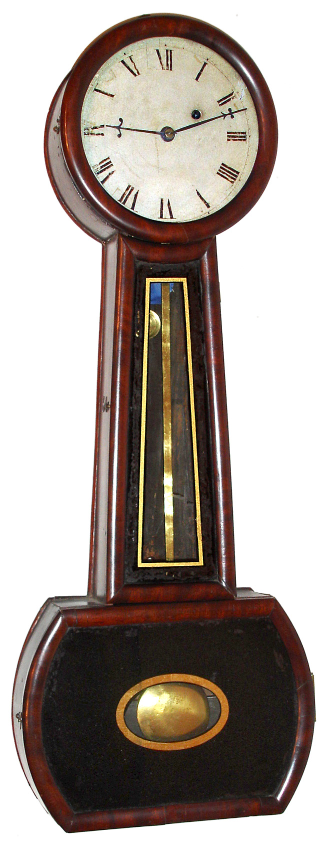 Attleboro, Mass. type "Banjo" wall clock 8 day time only weight driven movement in three hinged door mahogany case with reverse painted tablets and painted iron dial, c1840 — Antique Clocks Price Guide