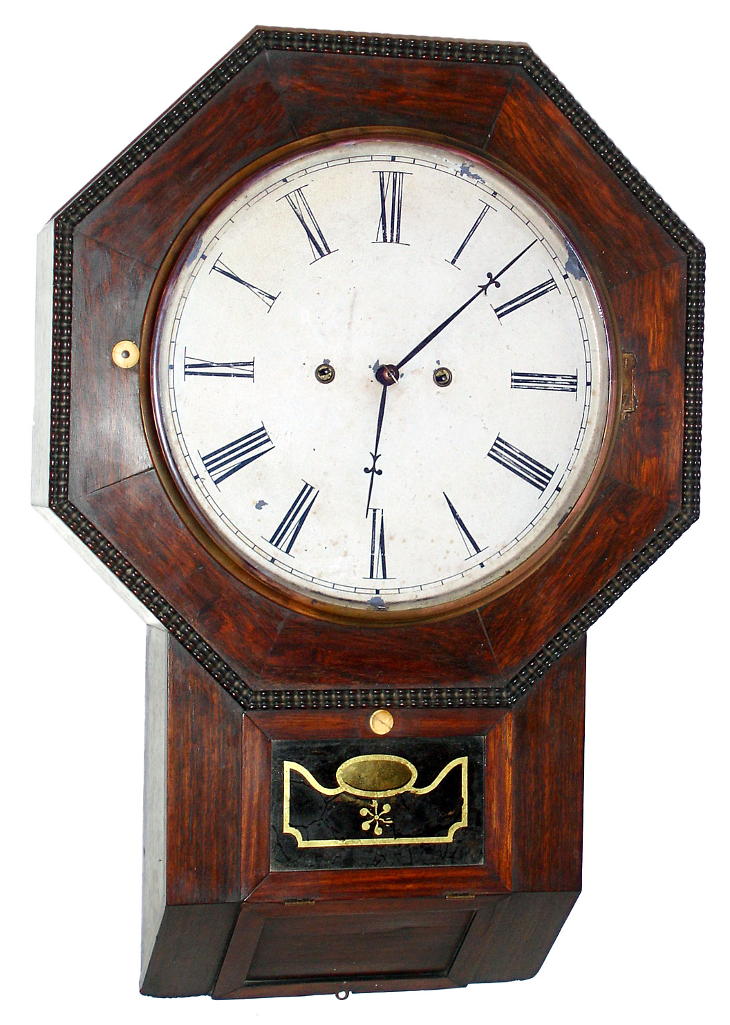 Atkins Clock Co., Bristol, Conn., "Drop Octagon XX" wall clock 30 day time only double fusee spring driven movement in rosewood case with ripple molding and painted metal dial, c1860 — Antique Clocks Price Guide