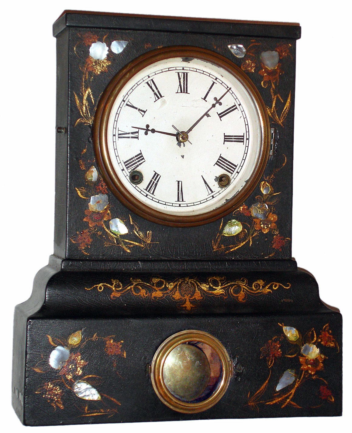 Litchfield Mfg Co., Litchfield, Conn., paper mache case made for J. C. Brown, Forestville, Conn. shelf clock 8 day time and strike spring driven movement with painted metal dial, c1850 — Antique Clocks Price Guide