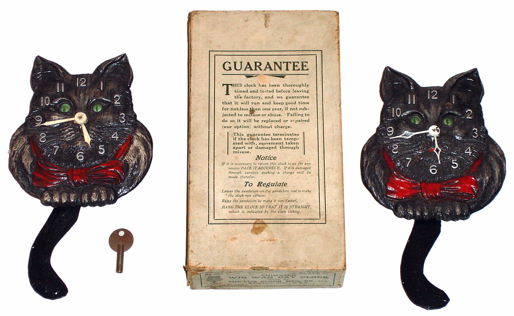 Two Lux Manufacturing Co., Waterbury, Conn., "Animated Wig Wag Cat Clock" 30 hour time only spring driven movement, c1937 — Antique Clocks Price Guide