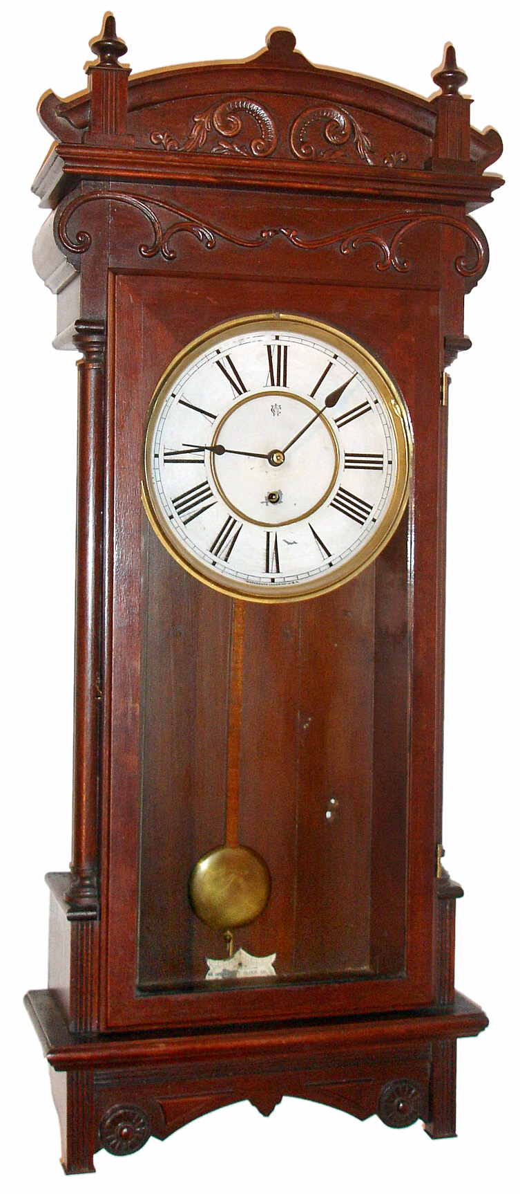 Waterbury Clock Co., Waterbury, Conn., "Cairo" wall clock 8 day time only spring driven movement in mahogany case with painted metal dial, c1914 — Antique Clocks Price Guide