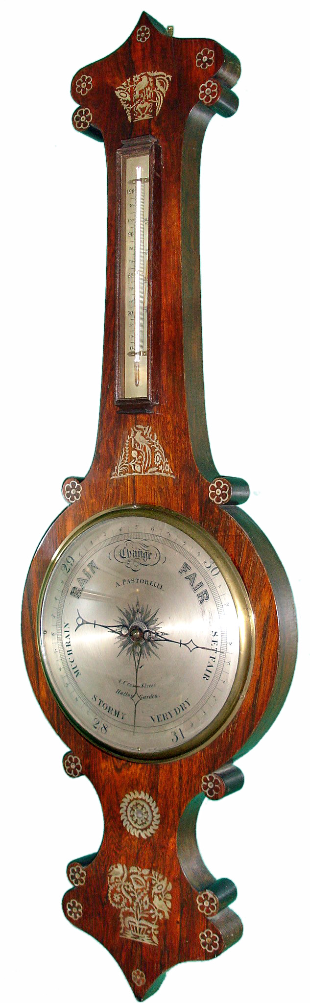 English mercury barometer by A. Pastorelli for Cross St. Hatton Garden in a rosewood case with mother of pearl inlay, c1830 — Antique Clocks Price Guide
