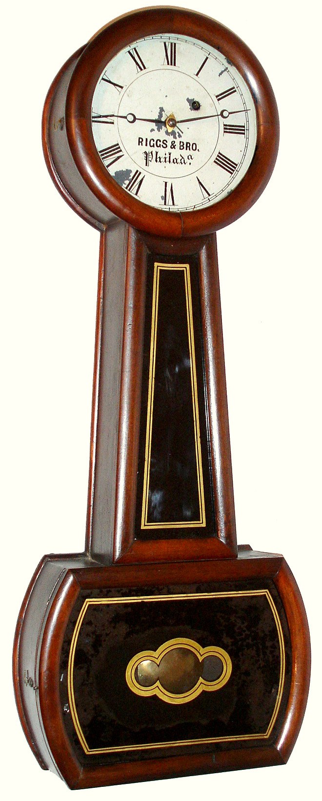 North Attleboro, Mass. "Banjo" wall clock attributable to George Hatch made for Riggs and Bro. Philadelphia 8 day time only weight driven movement in cherry case with reverse painted throat and lower tablets and painted metal dial, c1835 — Antique Clocks Price Guide