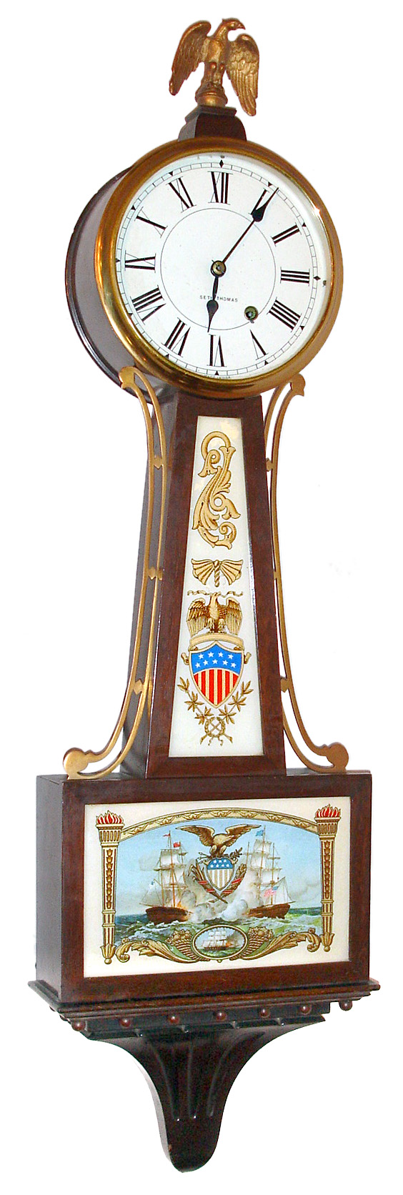 Seth Thomas Clock Co., Thomaston, Conn., "Banjo No. 1" wall clock 8 day time only spring driven movement in mahogany case with reverse painted throat and lower glass tablets and painted metal dial with cast brass bezel, c1928 — Antique Clocks Price Guide