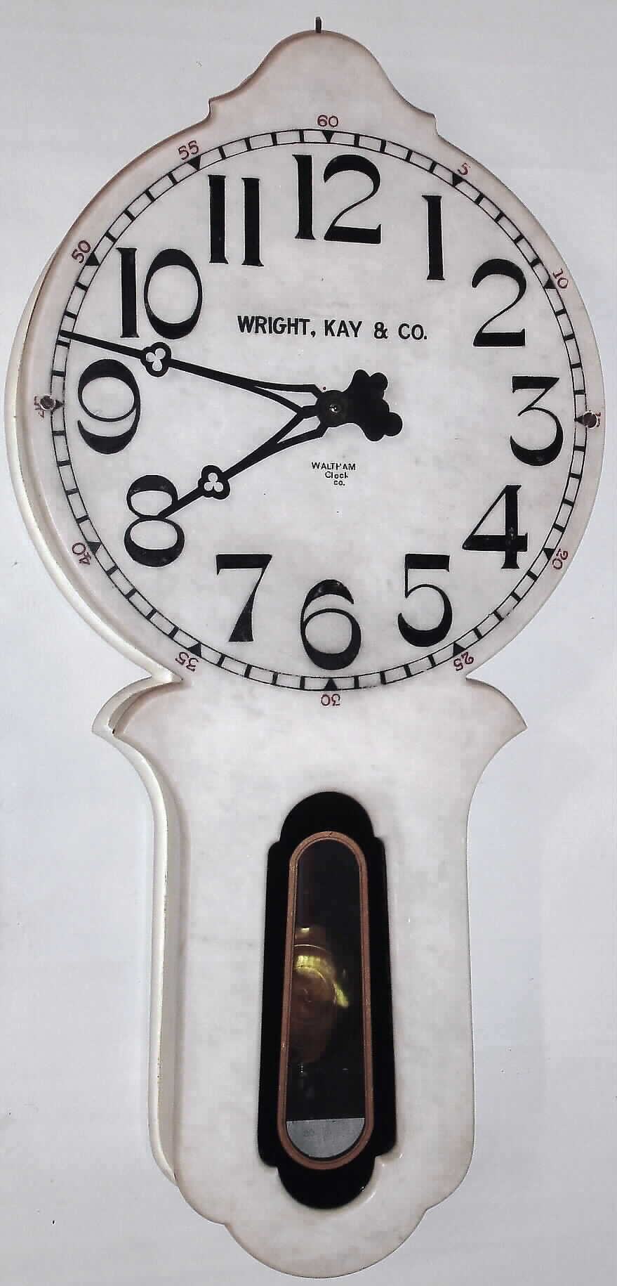 Waltham Clock Co., Waltham, Mass., "No. 25 Marble" wall clock retailed by Wright, Kay and Co. 8 day time only weight driven movement in marble front case with wooden body and painted dial, c1905 — Antique Clocks Price Guide