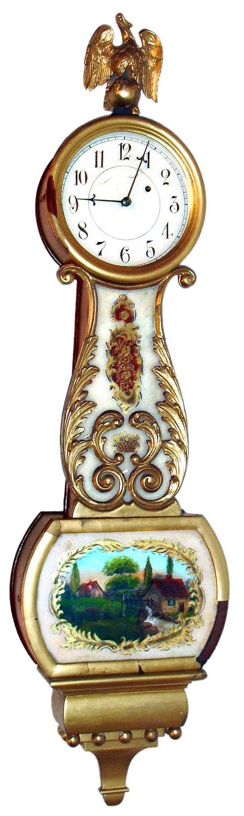 N. H. Brown, Boston, Mass., "Lyre" throat wall clock ,8 day time only weight driven movement in gilt colored case, (now painted) c1915. — Antique Clocks Price Guide