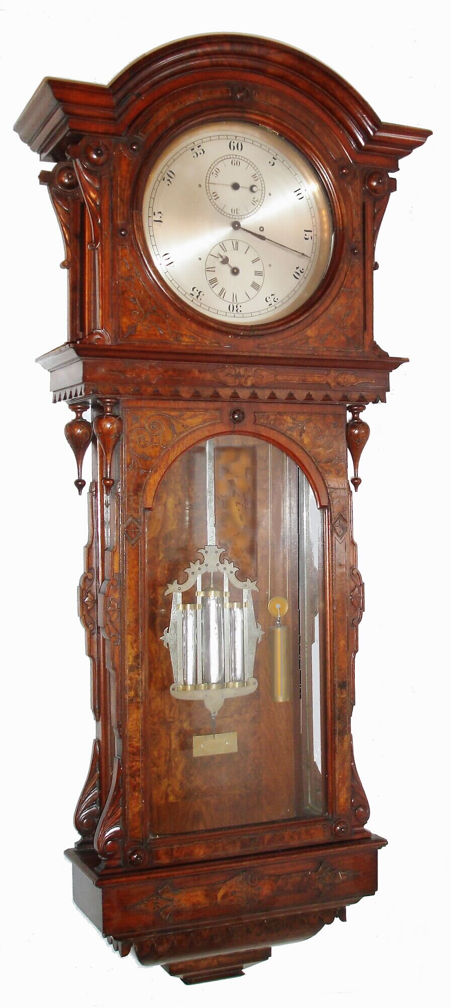 George A. Jones, 6 Cortland St, New York, NY "Astronomical Regulator" wall clock 8 day time only weight driven movement with deadbeat escapement and three jar mercury pendulum in walnut and burled walnut case with silvered astronomical dial, the robust movement with 6 crossings on the wheels, which are screwed to their hubs and the great wheel with Harrison's design maintaining power, NY style beat-set with thumb screws at top of crutch, c1870 — Antique Clocks Price Guide