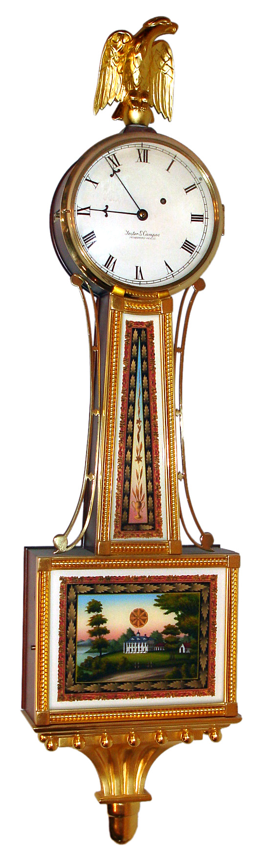Foster Campos, Pembroke, Mass., "Gold Front Presentation Banjo" wall clock 8 day time only weight driven movement in gold leafed mahogany case with reverse painted tablets and painted metal dial, dated 1993 — Antique Clocks Price Guide