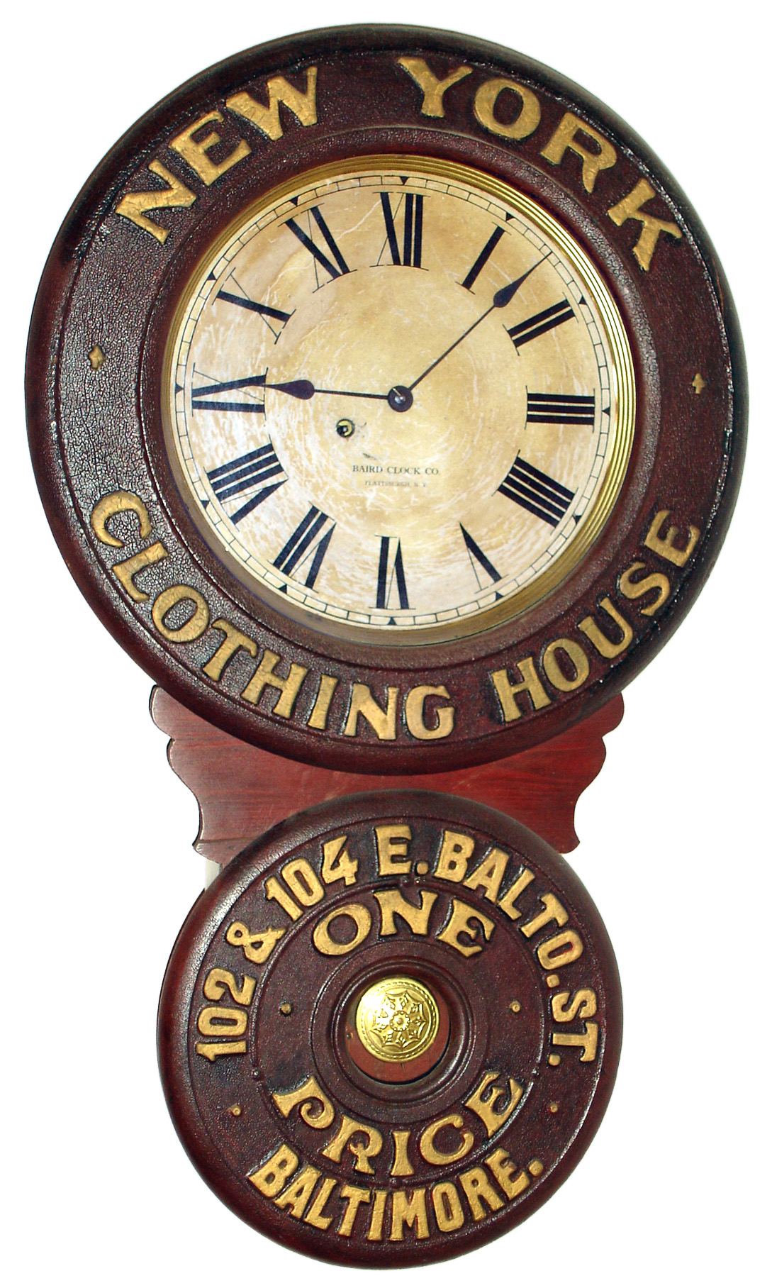 Baird Clock Co., Plattsburgh, New York, advertising wall clock for "NEW YORK CLOTHING HOUSE 102 and 104 E. BALTO. ST. BALTIMORE". The movement is 8 day time only spring driven in a typical Baird paper mache doors and wood body case with papered metal dial, c1895 — Antique Clocks Price Guide