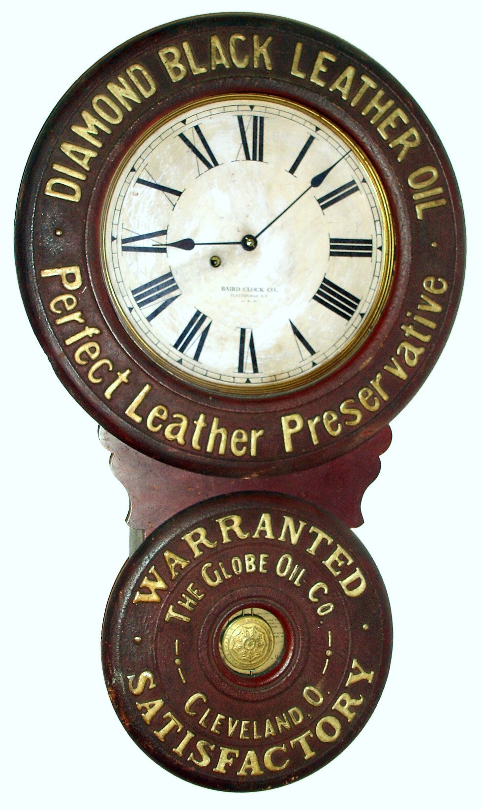Baird Clock Co., Plattsburgh, New York, advertising wall clock for "DIAMOND BLACK LEATHER OIL Perfect Leather Preservative WARRANTED SATISFACTORY The Globe Oil Co. Cleveland O." The movement is 8 day time only spring driven in a typical Baird paper mache doors and wood body case with papered metal dial, c1893 — Antique Clocks Price Guide