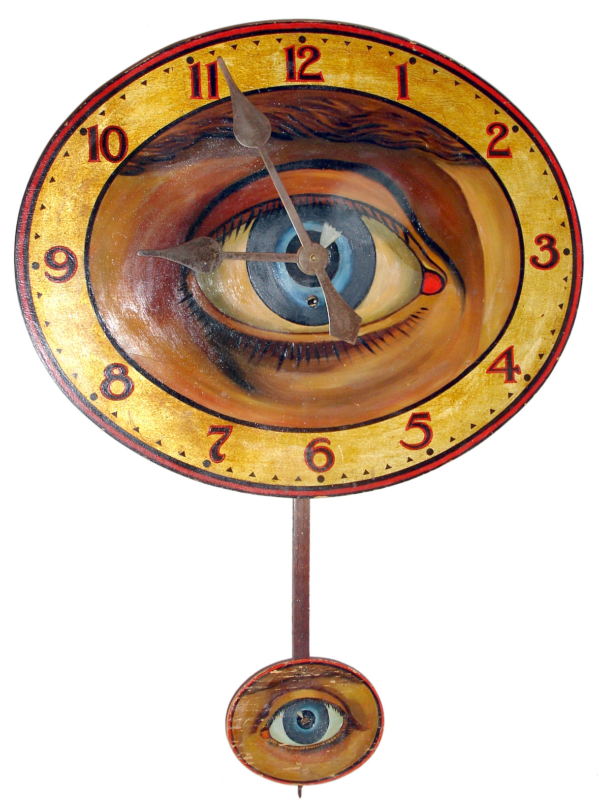Gilbert Clock Co., Winsted, Conn,, "Optical Advertising" wall clock 8 day time only spring driven movement with dial painted in the manner of a human eye with matching pendulum bob, c1914 — Antique Clocks Price Guide