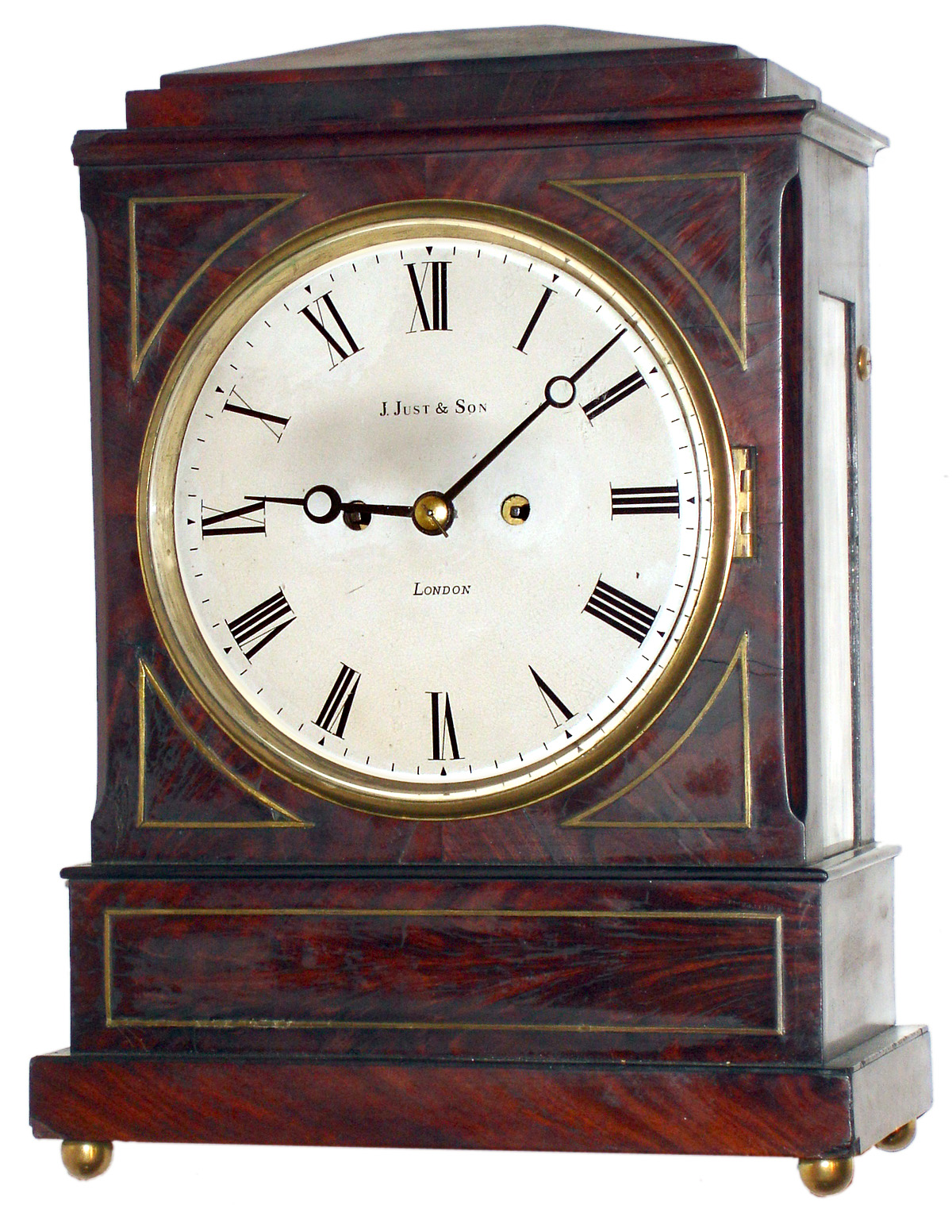 English bracket clock for J. Just and Sons, London 8 day time and bell strike spring driven double fusee movement in mahogany case with brass line inlay and painted metal dial, c1820 — Antique Clocks Price Guide