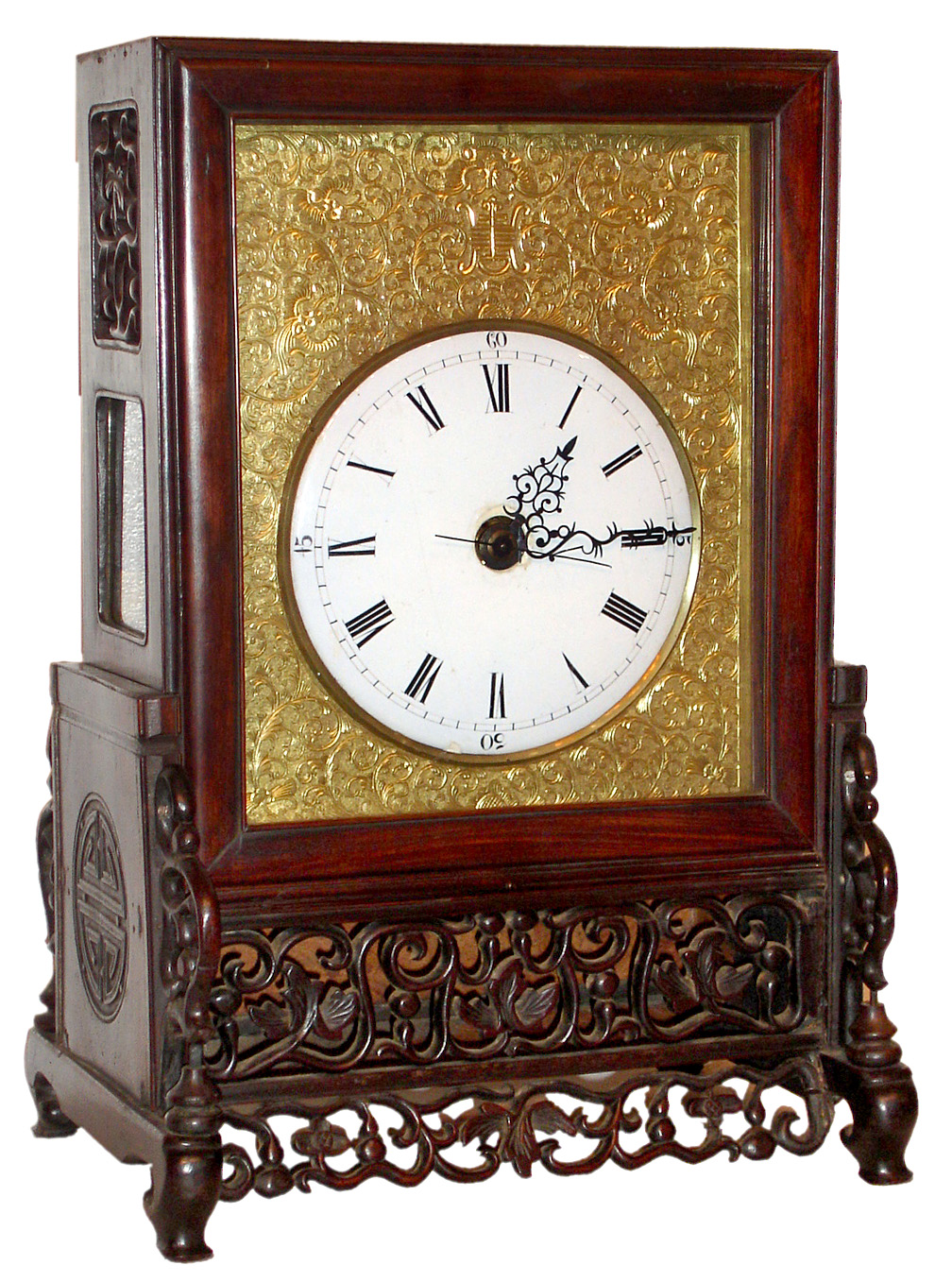 Chinese bracket clock 8 day time and strike spring driven double fusee movement with crown wheel escapement in rosewood case with white porcelain enamel dial with ornate hour and minute hands and sweep seconds hand, c1860 — Antique Clocks Price Guide