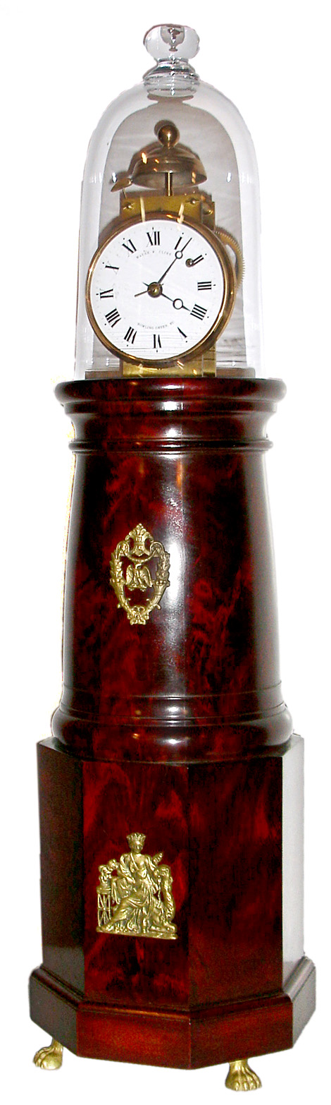 Wayne R. Cline, Bowling Green, Kentucky, "Willard Lighthouse" reproduction mantel clock 8 day time only weight driven movement in a French polished crotch grain mahogany case with applied brass mountings and brass paw feet and white enamel dial, c2000 — Antique Clocks Price Guide