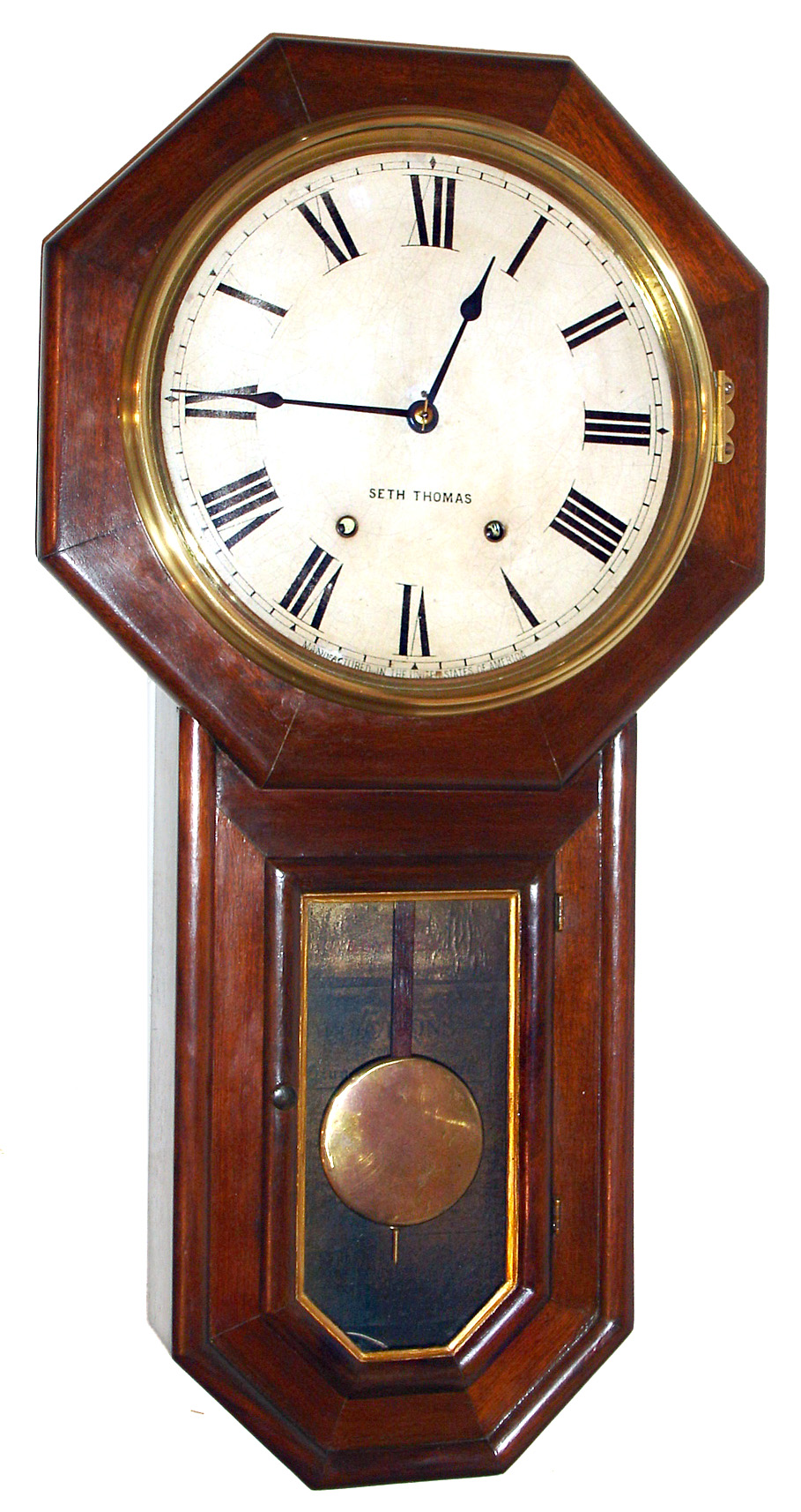 Seth Thomas Clock Co., Thomaston, Conn., "Globe" wall clock 8 day time and strike spring driven movement in mahogany case with painted metal dial, c1920 — Antique Clocks Price Guide