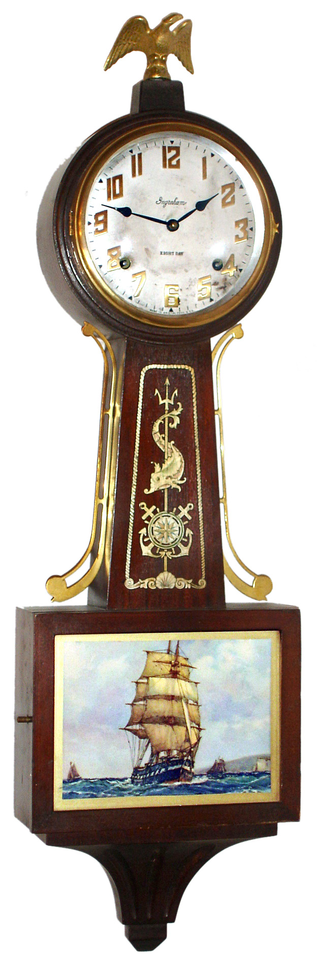 E. Ingraham, Bristol, Conn. "Yankee Clipper" 8 day time and strike spring driven mahogany banjo clock, c1934 — Antique Clocks Price Guide