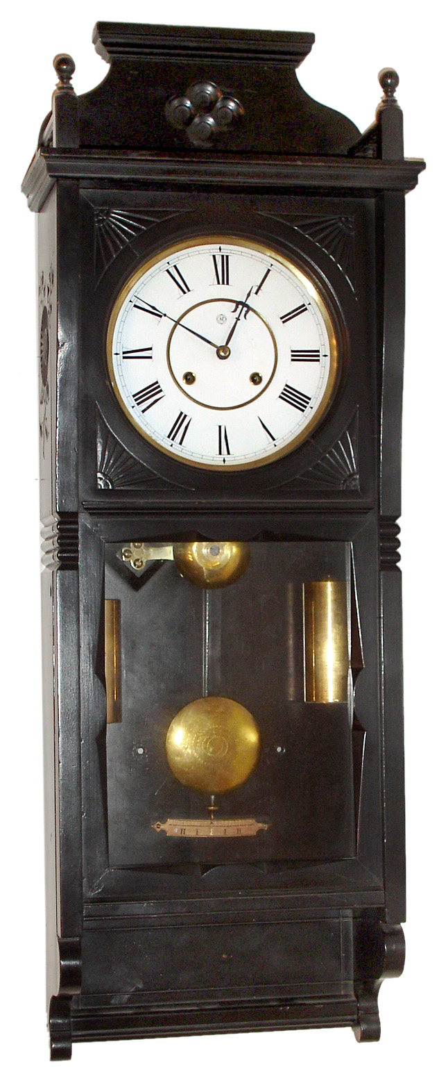 Seth Thomas Clock Co., Thomaston, Conn., "Flora" ebonized 8 day time and strike weight driven wall clock, dated 1885 — Antique Clocks Price Guide