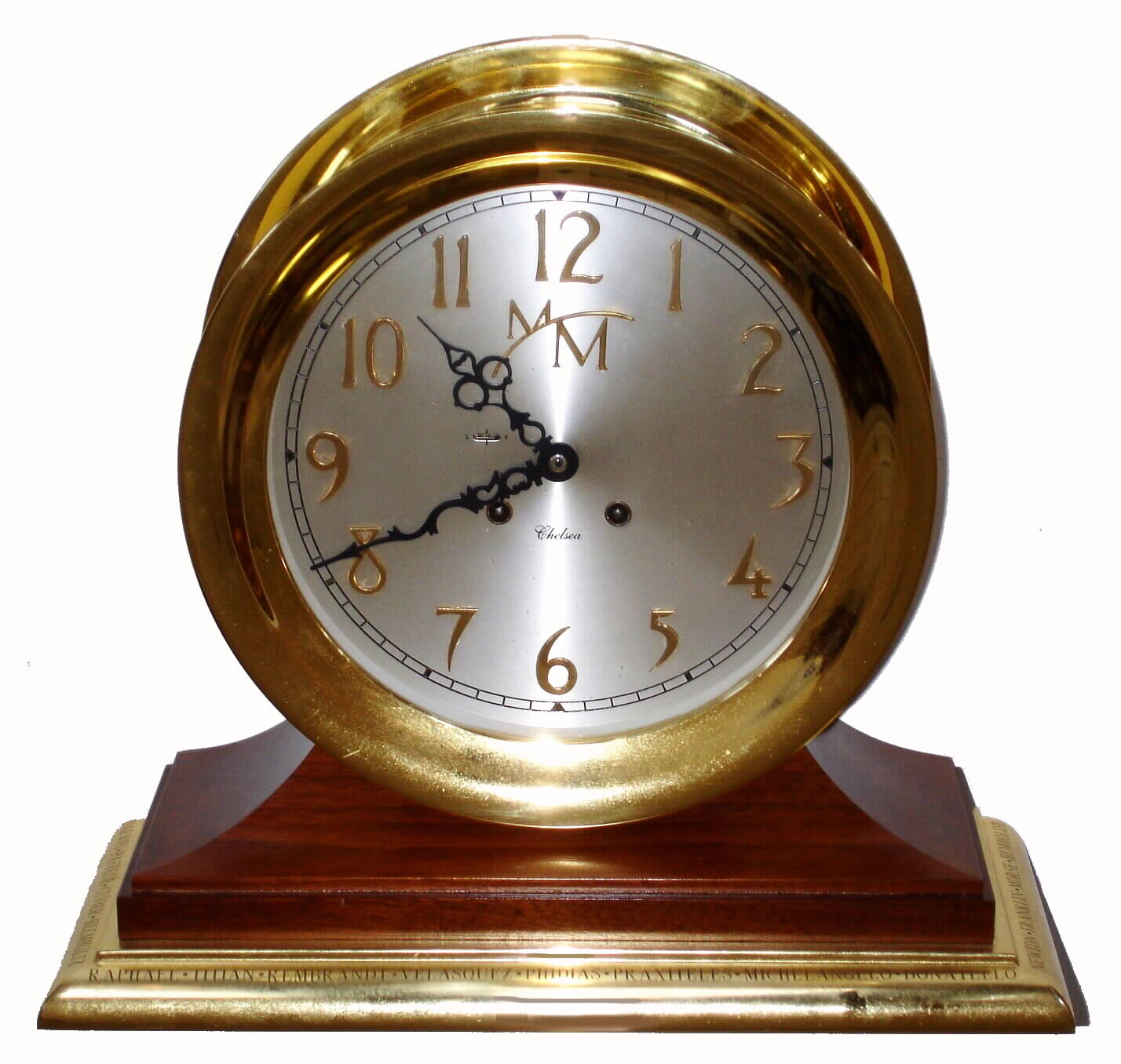 Chelsea Clock Co., Chelsea, Mass, C.2004, SHIPS BELL, "Third Millennium Edition", number 2543, yellow brass, with 8 1/2" Special Dial, w/ raised brass numerals, and base molding engraved with famous names from history: Newton, Morse, Michelangelo, Rembrandt, etc... see Chelsea site for full list. — Antique Clocks Price Guide