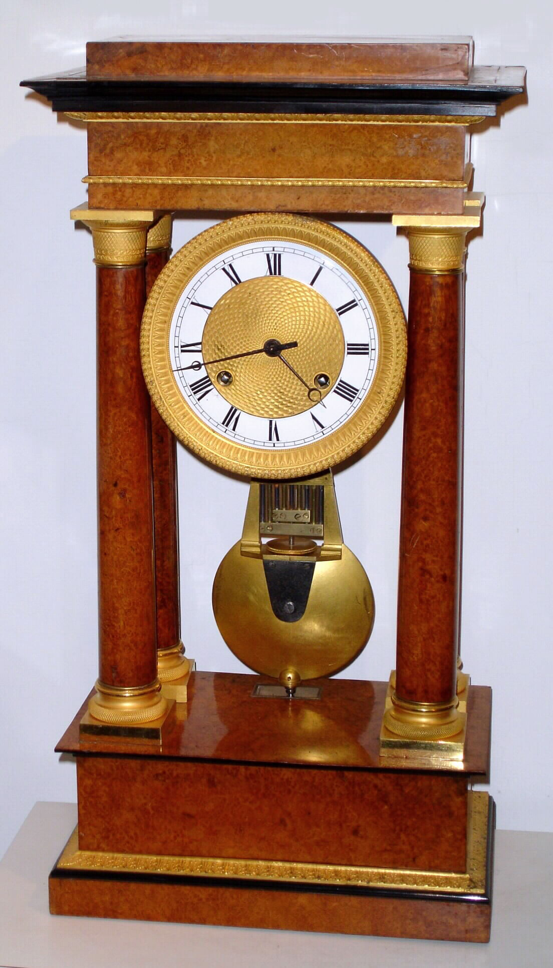 French, Rieussec (Paris), 8 or 30 day mantle regulator with heavy knife edge compensating pendulum and center seconds. Burled walnut veneer case, c1830 — Antique Clocks Price Guide