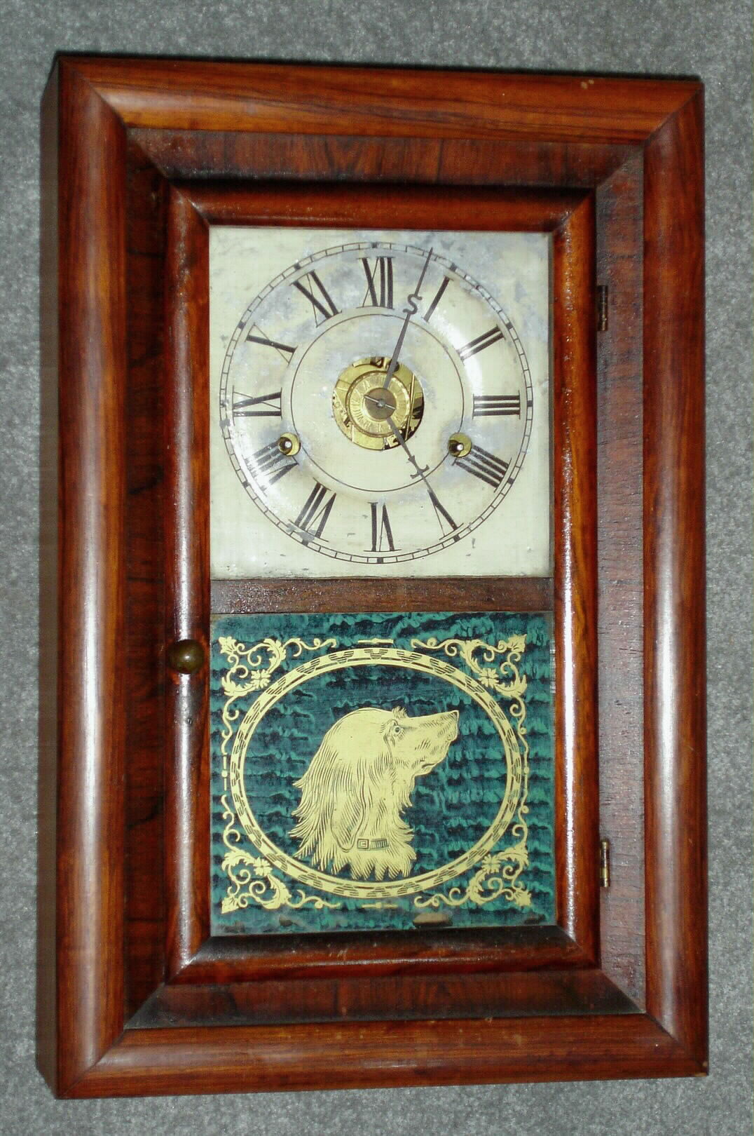 Seth Thomas, "Round Band", small rectangular shelf clock in rosewood, this one with a great original dog tablet, time, strike on a bell and alarm, c1870 — Antique Clocks Price Guide