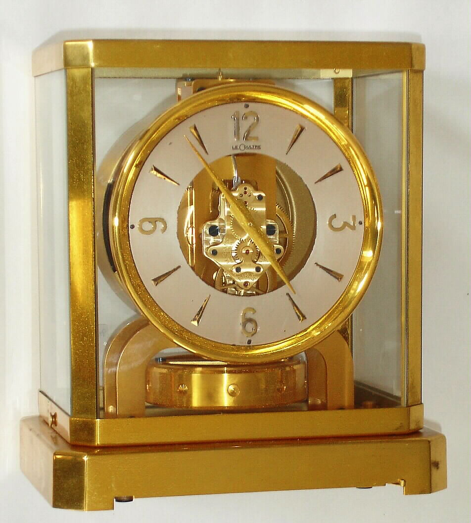 Swiss, LeCoultre, "Atmos", No. 70184, perpetual running clock, 15J, with bottom lever to secure torsion pendulum for transport, c1970 — Antique Clocks Price Guide