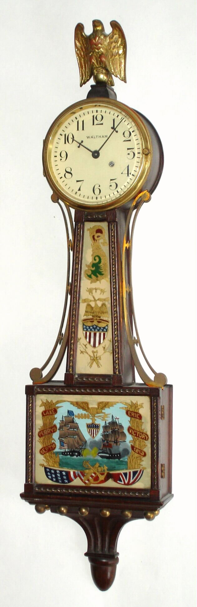 Waltham Watch Co., Waltham, Mass., miniature 8 day spring driven lever escapement banjo with Hull naval victory tablet set, c1928 — Antique Clocks Price Guide