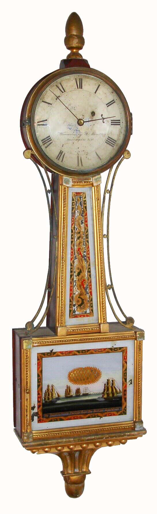 Benjamin Morrill, Boscawen, NH, presentation banjo, gilt rope front, weight driven, 8-day, c1840 — Antique Clocks Price Guide