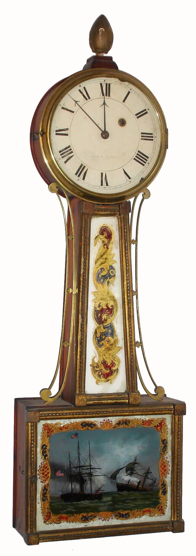 American, Boston area banjo timepiece, in a gilt rope front case, and with naval battle tablet set, weight driven, 8 day, C.1840 — Antique Clocks Price Guide
