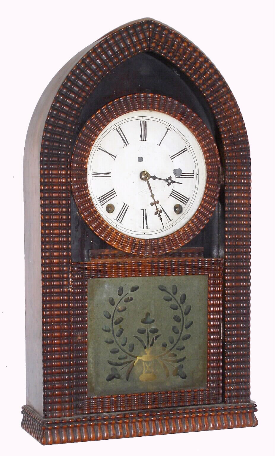 E. N. Welch, Forestville, Conn, Full Ripple Beehive shelf clock, with original frosted glass tablet showing a wreath, C.1855. — Antique Clocks Price Guide