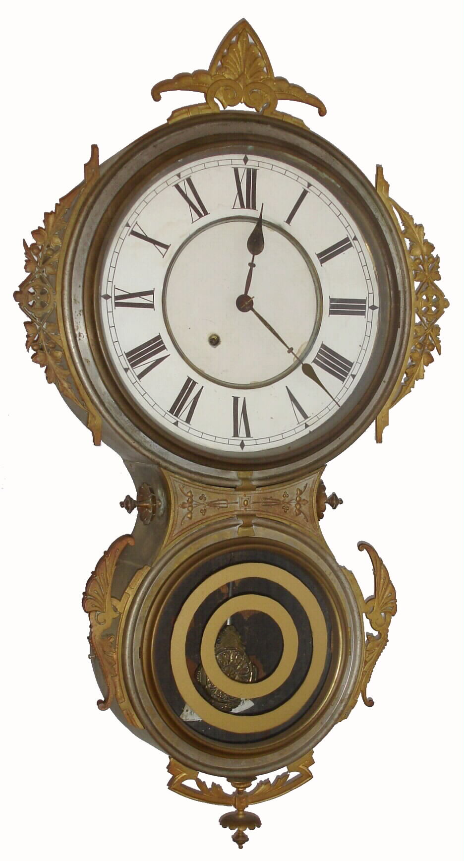 Ansonia Clock Co., "Brooklyn" model wall clock, time only, spring, 8-day in a metal case of cast and sheet brass with wooden back board, c1880. — Antique Clocks Price Guide