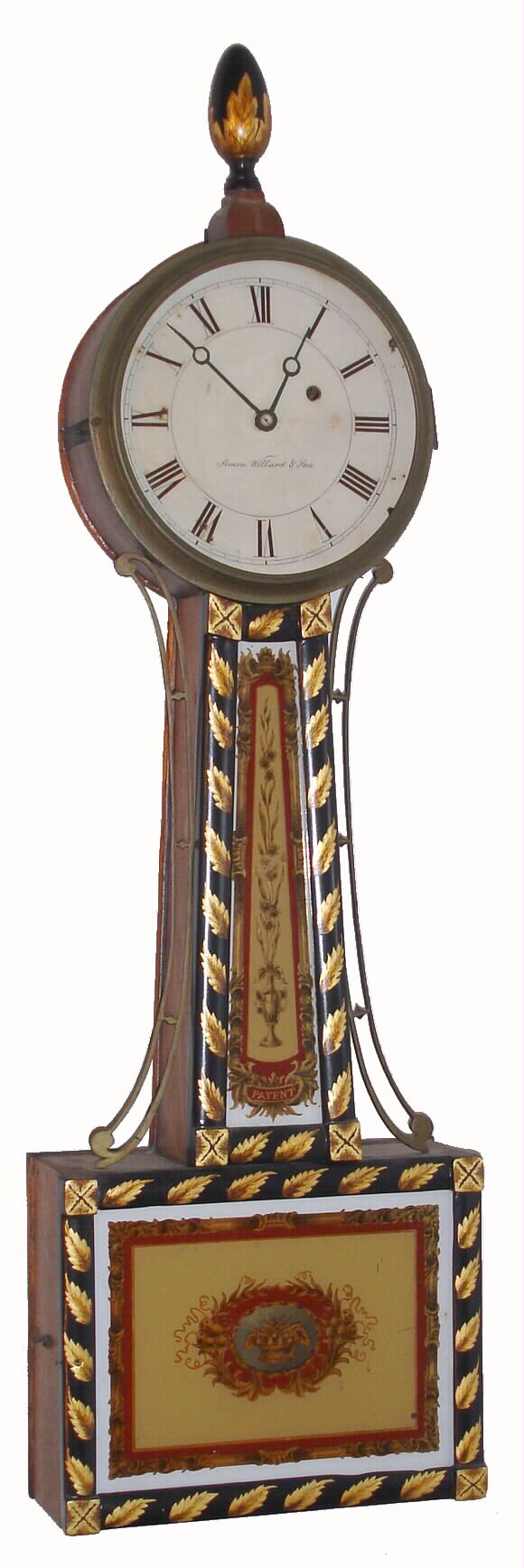 Massachusetts weight banjo, with the later applied name of Simon Willard and Son, the case with later applied gold-leaf decorations in leaf pattern, mid 19th century style, C.1840. — Antique Clocks Price Guide