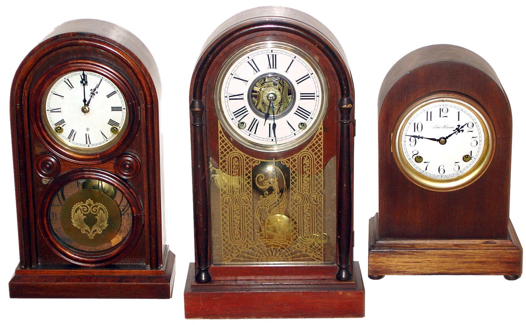 Three Connecticut 8 day time and strike mahogany round top mantel clocks. — Antique Clocks Price Guide