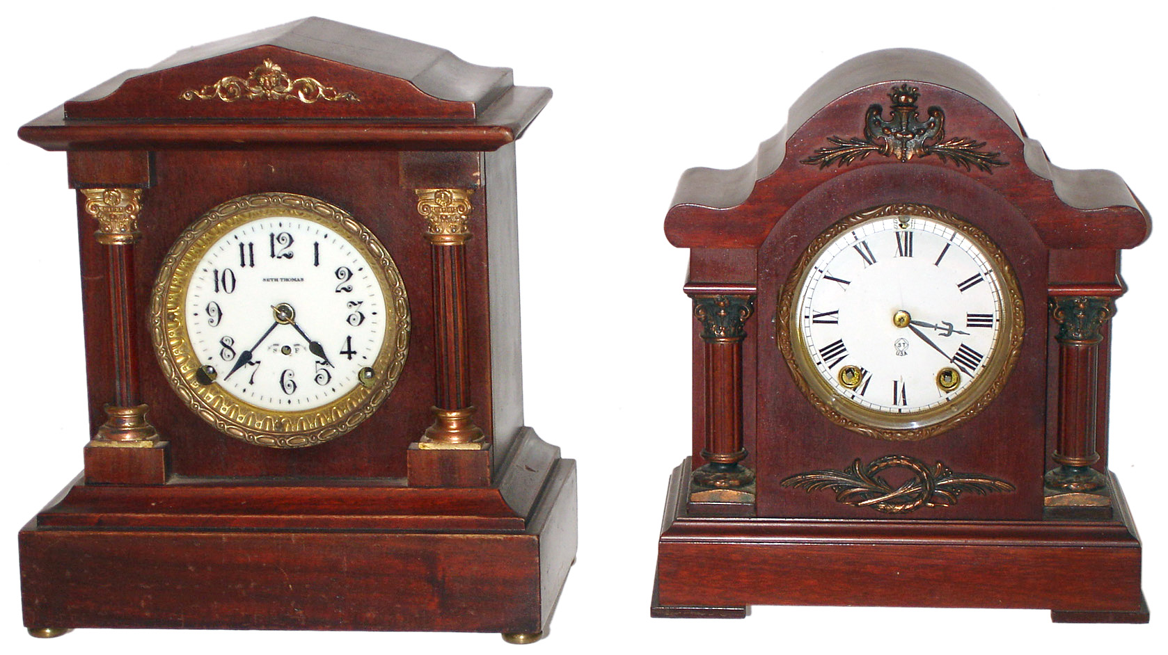 Two Seth Thomas 8 day time and strike mahogany mantel clocks with columns, c1905. — Antique Clocks Price Guide