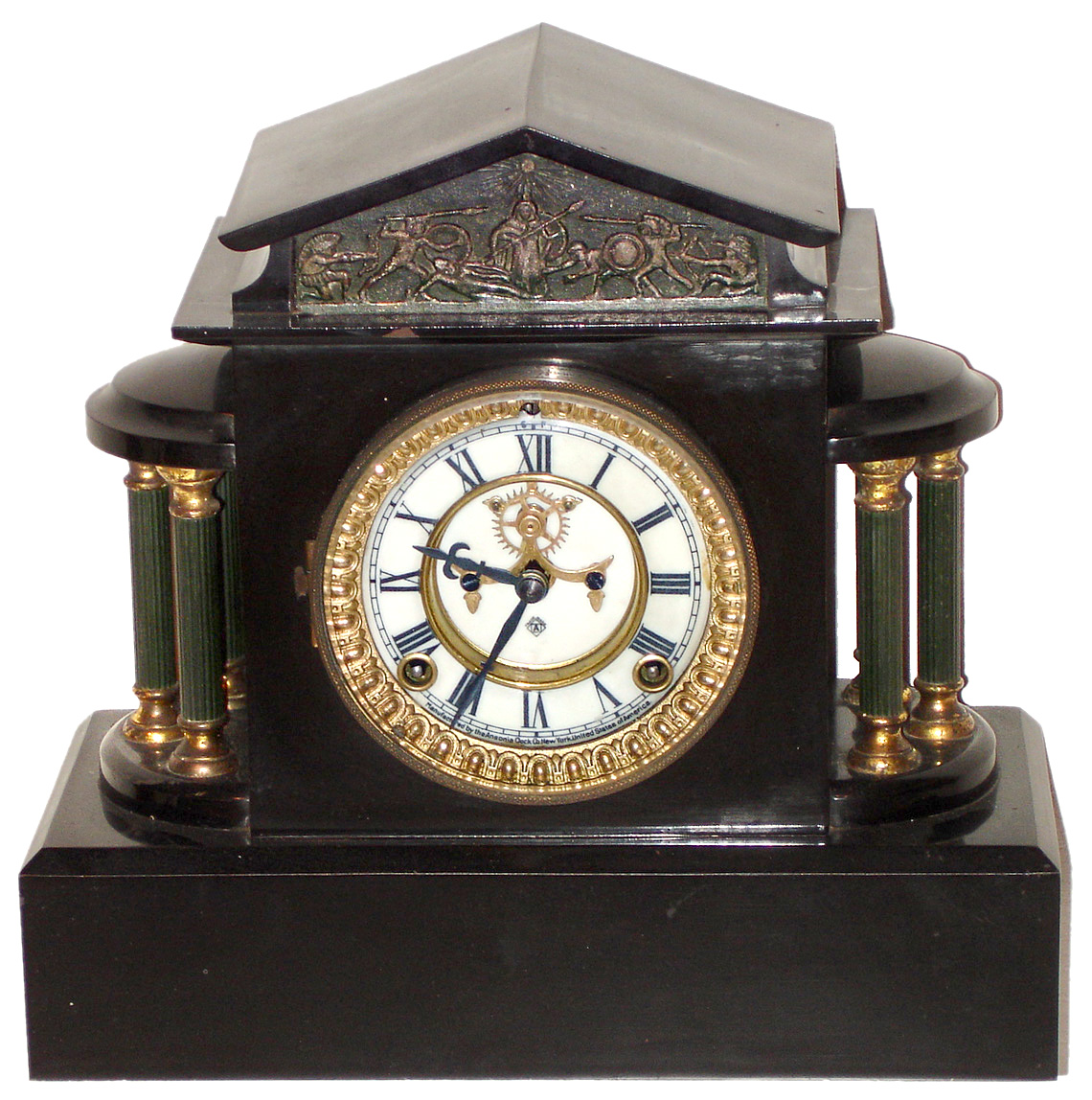 Ansonia Clock Co., New York, Ormonde enameled iron 8 day time and strike mantel clock, c1914. — Antique Clocks Price Guide