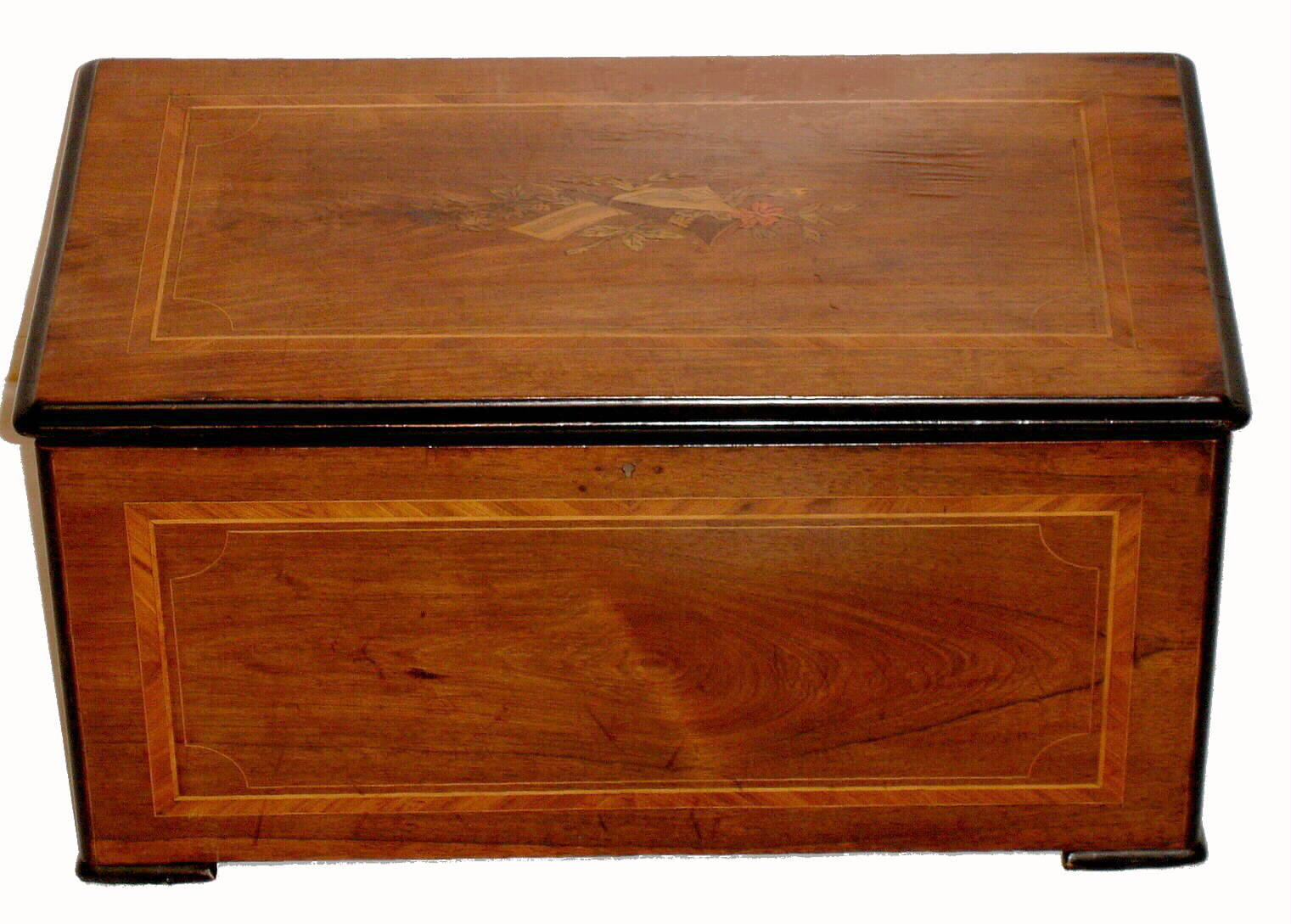 Swiss, Cylinder Music box, 6-Bells in sight, playing 12 tunes, with tune sheet, a large box with 13" cylinder, in a veneer over pine box with inlay, C.1870 — Antique Clocks Price Guide