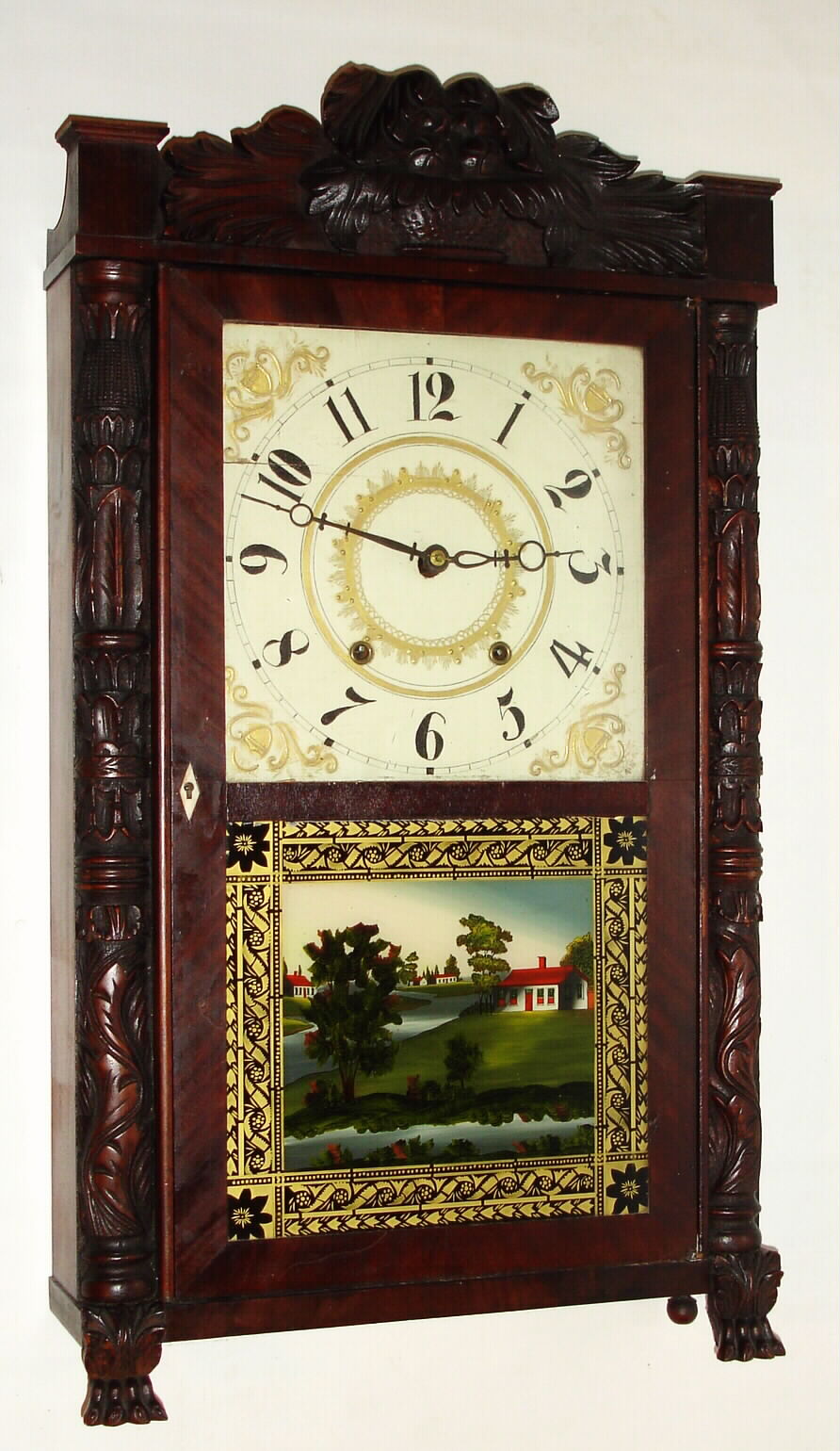 E. Terry and Sons, Plymouth, Conn., shelf clock with 30 hour time and strike wooden movement in mahogany veneered carved column and splat case, c1830 — Antique Clocks Price Guide