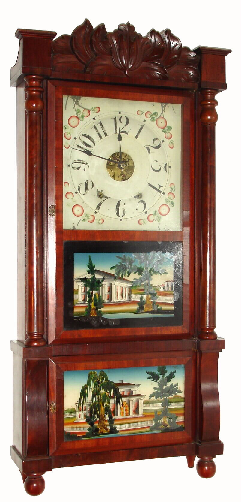 Elisha Manross, 8-day time/strike weight double decker with a carved splat shelf clock. c.1848. — Antique Clocks Price Guide